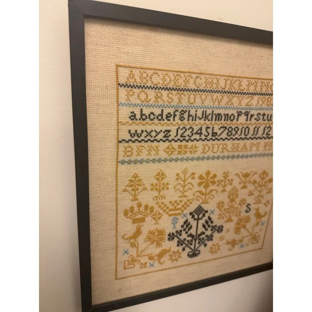 Antique Cross Stitch Sampler Alphabet Artifact Durham NH 12.75x14”